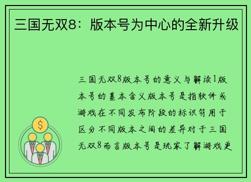 三国无双8：版本号为中心的全新升级