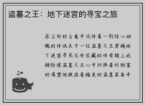 盗墓之王:地下迷宫的寻宝之旅